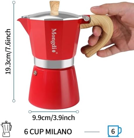 Mongdio Stovetop Espresso Maker Moka Pot, Cuban Coffee Maker Stove top coffee maker Moka Italian Espresso Greca Coffee Maker Brewer Percolator, 6 Espresso Cups, 10 oz - Red