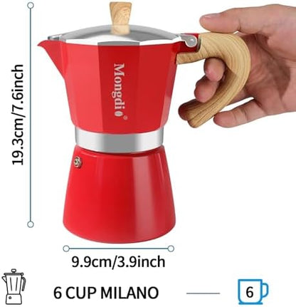 Mongdio Stovetop Espresso Maker Moka Pot, Cuban Coffee Maker Stove top coffee maker Moka Italian Espresso Greca Coffee Maker Brewer Percolator, 6 Espresso Cups, 10 oz - Red