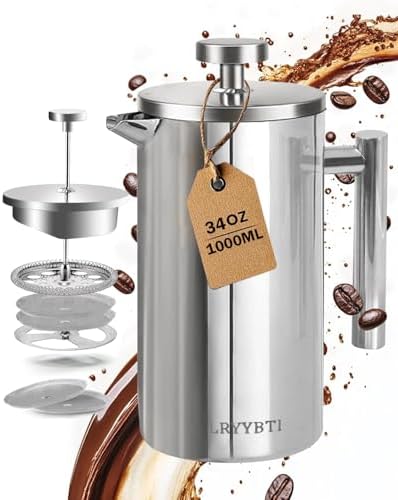 French Press Coffee Maker, Silver, 34 OZ (1 Litre)