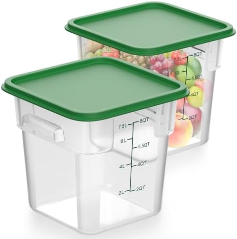 FoldTier 2 Pieces Square Food Storage Containers Polycarbonate Clear Food Container with Lid Commercial Food Storage with Graduations for Commercial Kitchen Dough Marinating Meat(Green, 8 Qt)