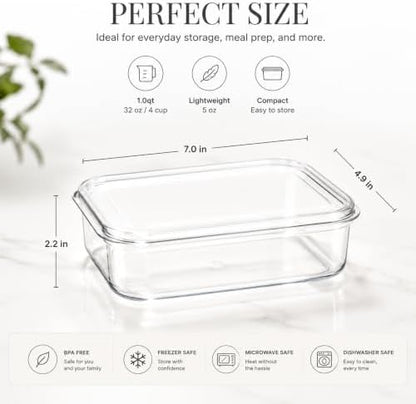 Lustroware Micro Clear Transparent Food Storage Containers with Lids – BPA-Free, Shatterproof, Dishwasher & Microwave Safe, 1.0 qt Stackable Refrigerator Organizer Bins, Made in Japan, Set of 6