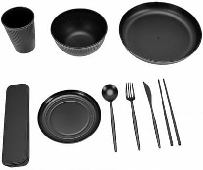 Luocute Dinnerware Set for 4, 12 Pieces Reusable Plates and Bowls Sets Microwave and Dishwasher Safe, with Cutlery Set, for Travel Camping Kitchen