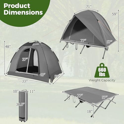 Tangkula 2 Person Tent Cot, Portable Off Ground Elevated Camping Tent with Cot, Removable Rainfly, Wheeled Bag, Stakes & Wind Ropes for Beach, Picnic, Hiking, Travel