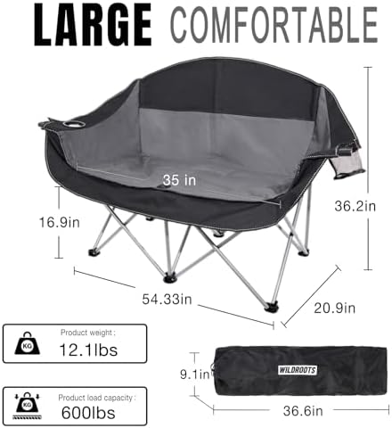 Double Camping Chair Heavy Duty 600LBS 2 Person Loveseat Portable w Holder