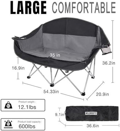 Double Camping Chair Heavy Duty 600LBS 2 Person Loveseat Portable w Holder