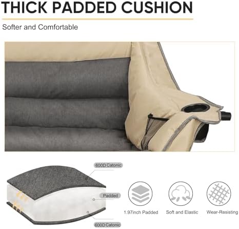 Double Folding Camping Chair Fully Padded Loveseat Camping Couch Oversized 2 Person Lawn Chair Sofa w/Cup Holder,Wine Glass Holder,Mesh Storage for Patio Picnic Beach,Support 600lbs,Beige