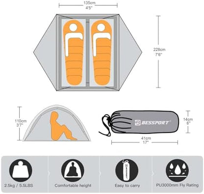 Bessport Camping Tent for 2-3 Person, Lightweight Backpacking Tent Waterproof Windproof Two Doors Easy Setup Double Layer Outdoor Tents for 3 to 4 Seasons, Suitable for Outdoor,Hiking,Camping