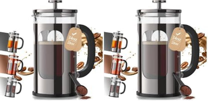 Veken French Press Coffee Maker,No Plastic Touching Cafe,34oz 1L Cafetera,Heat Resistant Thickened Borosilicate Glass Stainless Steel Pot for Kitchen,Travel,Camping,Tea, Gifts, Dark Pewter (Pack of 2)