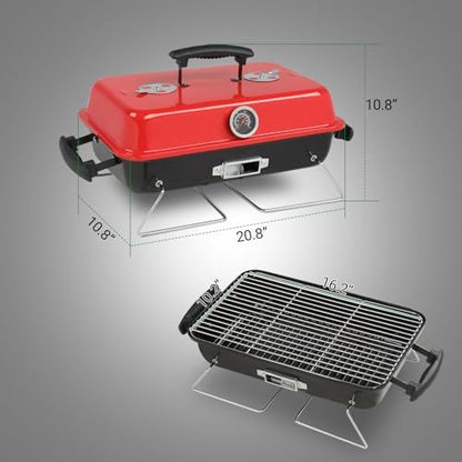 20.8" Portable Enameled Charcoal Grill,Tabletop Outdoor Barbecue Smoker,Heavy Duty Outdoor BBQ Grill,Vertical Camping Barbecue Grill,with Thermometer,for Garden Patio Beach Backyard (Black & Red)