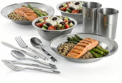 Unique Complete Messware Kit Polished Stainless Steel Dishes Set| Tableware| Dinnerware| Camping| Includes - Cups | Plates| Bowls| Cutlery| Comes in Mesh Bags