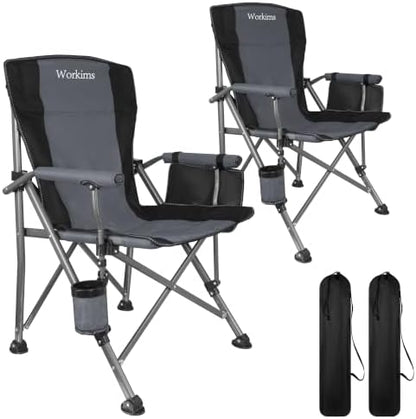 2 Pack Folding Camping Chair with Cup Holder and Storage Bag,Heavy Duty Supports 400 LBS,Portable Outdoor Chair for Camp,Lawns,Travel,Fishing,Grey