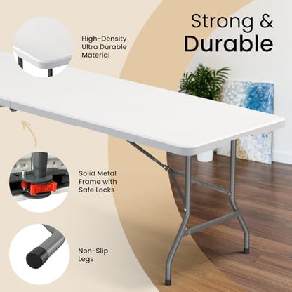 2 PACK of 8 Feet Foldable Table with Built in Handle & Steel Legs | 8 FT Heavy Duty Portable | Perfect for Party, Dining, Wedding, Events, Picnic Indoor, Outdoor, Camping, Temporary - 8 Foot