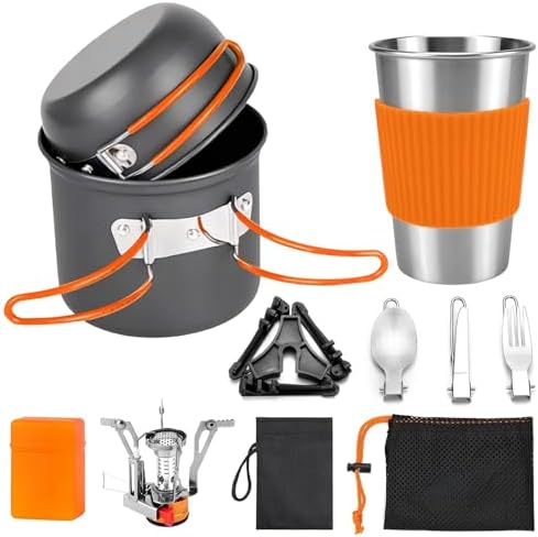 aiGear 8pcs Camping Cooking Set for 1-2 People with Pot Cutlery Stove Stand