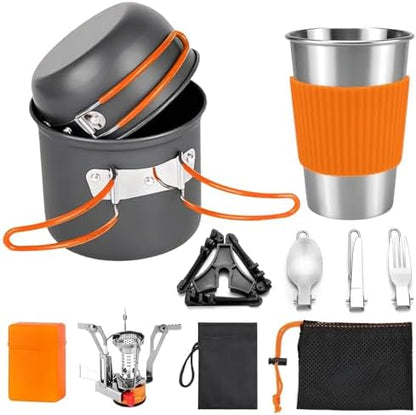 aiGear 8pcs Camping Cooking Set for 1-2 People with Pot Cutlery Stove Stand