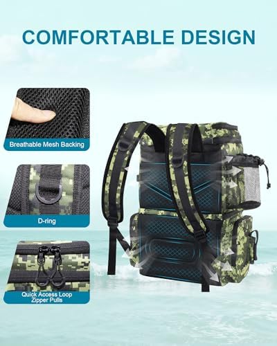 HXLGMD Fishing Backpack with Rod Holders, Double Layer Large Water-resistant Tackle Bag Store Gear with Cooler, Green