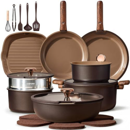CAROTE 24Pcs Ceramic Cookware Set with Detachable Handle, Non-Toxic Pots and Pans Set Nonstick, Dishwasher/Oven Safe Non Stick Pot and Pan, Kitchen, Camping Use Cooking Set, All Stoves Compatible