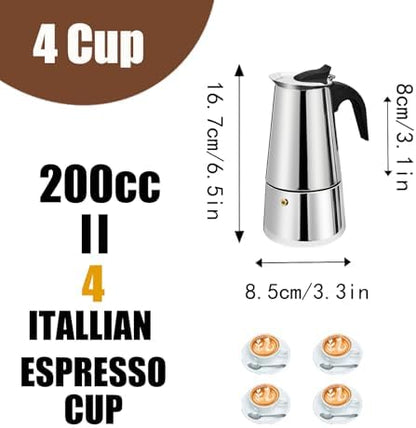 4 Cup Stovetop Espresso Maker Stainless Steel Moka Pot Stove Top Percolator Italian Coffee Makers Capable Mocha Greca Machine Cafe Classic Induction Cookers for Home and Camping 200ml 6.6oz