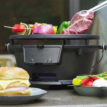 Round Mini Hibachi Grill Outdoor, Portable Small Charcoal Camping Barbecue Grill, 100% Cast Iron, Durable - Coal Door, Draft Door, Ideal for 2 People