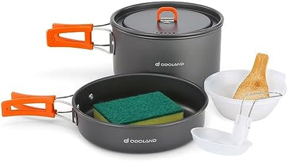 Odoland 9pcs Camping Cookware Non-Stick Lightweight Pots and Pans Set with Plastic Bowls Soup Spoon for Backpacking, Outdoor Cooking and Picnic