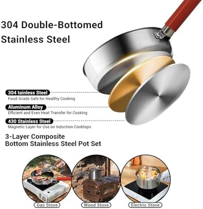 Camping Cookware Set 304 Stainless Steel Cooking Pots Pan Set with Travel Tote Bag for Camping Outdoor Kitchen Cooking Picnic for 4-6