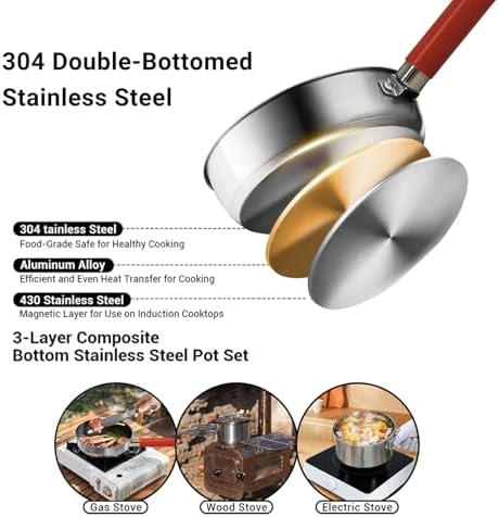 Camping Cookware Set 304 Stainless Steel Cooking Pots Pan Set with Travel Tote Bag for Camping Outdoor Kitchen Cooking Picnic for 4-6