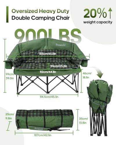 Padded Double Camping Chair Loveseat Oversized Camping Couch, Green