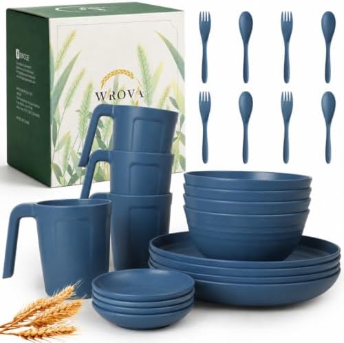 Wrova 24PCS Wheat Straw Dinnerware Sets, Unbreakable Blue Dishes Set for 4