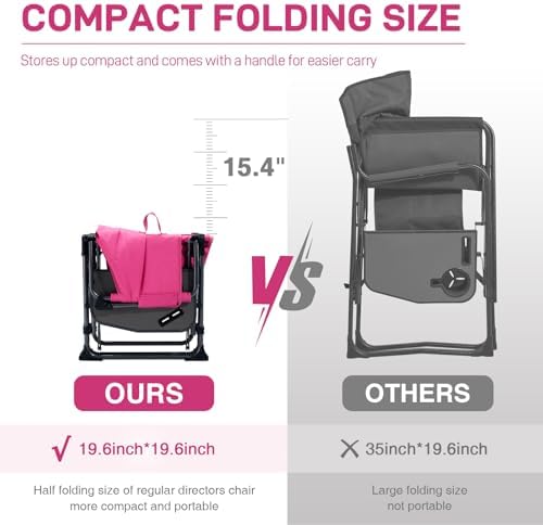 EVER ADVANCED Camping Directors' Chair with Side Table, Portable Folding with Compact Size, Heavy Duty Lawn Chair with Pocket for Camping, Lawn, Sports and Fishing, 400lbs, Pink