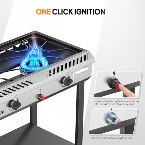 ROVSUN 2 Burner Outdoor Propane Gas Stove with Auto-ignition, Regulator & Shelf, 150,000 BTU Powerful Stand Cooker for Backyard Patio Cooking Home Brewing Canning Turkey Frying