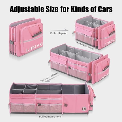 LIBZAKI Oversize 4 in 1 Car Trunk Storage Organizer, Multi Compartment Collapsible Trunk Storage Box with Cooler Bag for Car Truck SUV-Pink