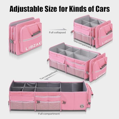 LIBZAKI Oversize 4 in 1 Car Trunk Storage Organizer, Multi Compartment Collapsible Trunk Storage Box with Cooler Bag for Car Truck SUV-Pink