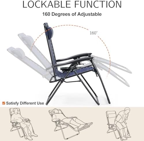 Sweetcrispy Zero Gravity Chairs Set of 2, Outdoor Folding Reclining Lounge Chair with Cup Holder Tray & Adjustable Pillow, Portable Camping Beach Patio Poolside Lawn Yard Chair, Classic Blue