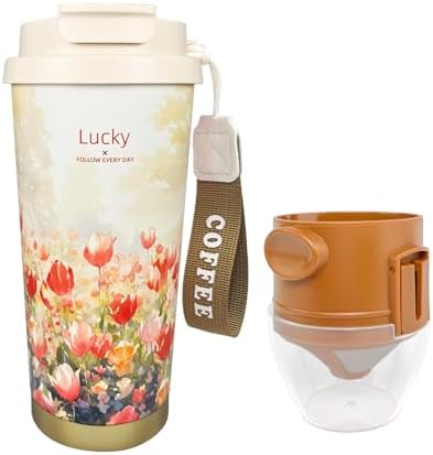 17oz Camping Coffee Makers with Ceramic Coating,Camp Pour Over Coffee Maker Set,Double Wall Vacuum Leak-Proof Mug for Office School Party Camping,Tea Infuser Mug for Loose Leaf Tea (17oz Lucky Tulip)