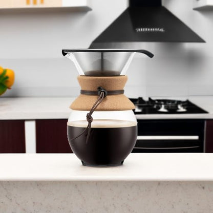 Bodum 34oz Pour Over Coffee Maker, High-Heat Borosilicate Glass with Reusable Stainless Steel Filter and Cork Grip - Made in Portugal