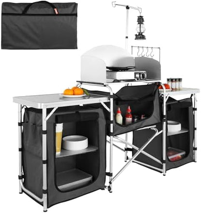 VEVOR Camping Kitchen Table, Folding Outdoor Cooking Table with Storage Carrying Bag, Aluminum Cook Station 3 Cupboard & Detachable Windscreen, Quick Set-up for Picnics, BBQ, RV Traveling, Black