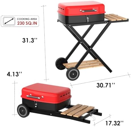TEENO Charcoal Grill with Wheels | Folding BBQ Grill with Wooden Side Table & Bottom Storage Shelf | 2-in-1 Detachable Tabletop Smoker for Camping Picnic Patio Backyard | Portable Suitcase