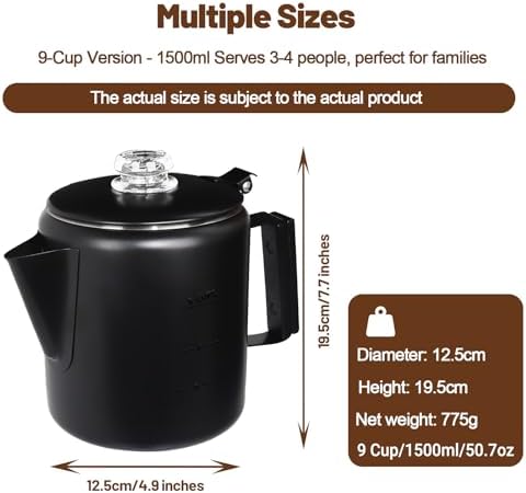 9 Cup Percolator 304 Stainless Steel Coffee Pot Coffee Maker Coffee Machine with Solid Wood Handle Transparent Knob Stovetop Greca Mocha for Induction Home and Camping 1500ml 50.7oz Black