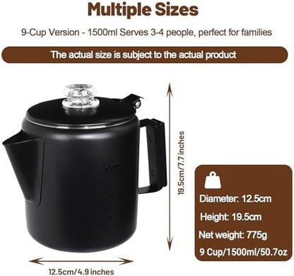 9 Cup Percolator 304 Stainless Steel Coffee Pot Coffee Maker Coffee Machine with Solid Wood Handle Transparent Knob Stovetop Greca Mocha for Induction Home and Camping 1500ml 50.7oz Black