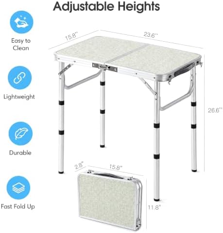 Folding Table Small, 24"Lx 16"W Aluminum Camp Table with Adjustable Height
