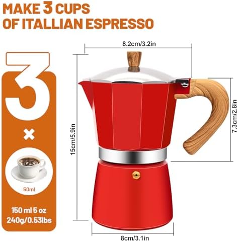 3 Cup Aluminum Espresso Stovetop Moka Pot Express Coffee Maker Percolator Italian Classic Mocha Coffee Machine for Italian and Cuban Cafe Brewing for Home & Camping 150ml 5oz