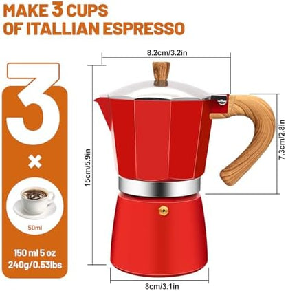3 Cup Aluminum Espresso Stovetop Moka Pot Express Coffee Maker Percolator Italian Classic Mocha Coffee Machine for Italian and Cuban Cafe Brewing for Home & Camping 150ml 5oz
