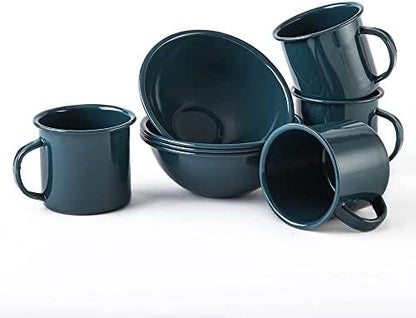 Cinsa 16 Piece. Enameled Dinnerware Camping/Outdoor Set for 4. Includes Plates, Bowls, Mugs, Coffee Boiler