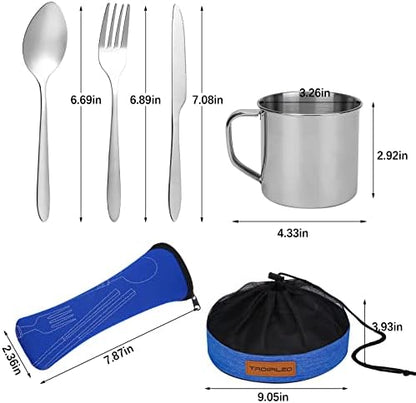Stainless Steel Camping Cutlery Set - 8 Piece, Includes Spoons, Mugs, Bowls, Plates, Rags & Organizer Straps - Easy to Carry for Backpacking, Camping, Hiking and Picnics