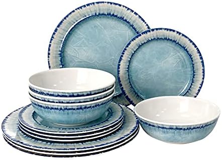 AELS Melamine Dinnerware Set of 12 Pcs Dinner Dishes Set for Indoor and Outdoor Use, Dishwasher Safe, Lightweight Unbreakable, BPA Free, Light Blue