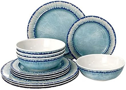AELS Melamine Dinnerware Set of 12 Pcs Dinner Dishes Set for Indoor and Outdoor Use, Dishwasher Safe, Lightweight Unbreakable, BPA Free, Light Blue