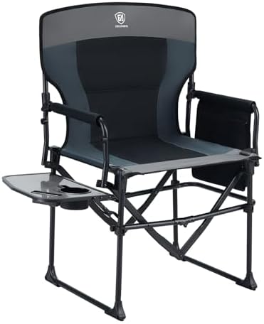 EVER ADVANCED Camping Directors' Chair with Side Table, Portable Folding with Compact Size, Heavy Duty Lawn Chair with Pocket for Camping, Sports and Fishing, 400lbs, Black Grey