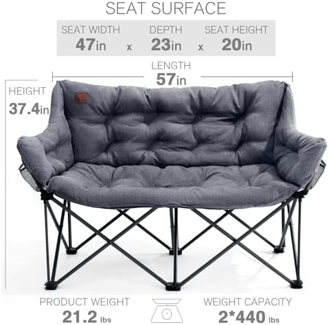 EVER ADVANCED Extra Large Double Camping Chair for Adults, Family Size Padded Folding Camping Love Seat Bench with Side Pocket Portable Camping Couch, Two Person Heavy Duty Folding Outdoor Chair