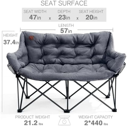 EVER ADVANCED Extra Large Double Camping Chair for Adults, Family Size Padded Folding Camping Love Seat Bench with Side Pocket Portable Camping Couch, Two Person Heavy Duty Folding Outdoor Chair