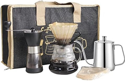 SOTECH Pour Over Coffee Maker Set, Manual Coffee Kit with 600ml Gooseneck Kettle, Filter Holder, Glass Server & Paper Filters, Portable Outdoor Coffee Dripper Gift Set
