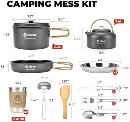 ALOCS 20pcs Camping Cookware Mess Kit, Camping Pots and Pans Set